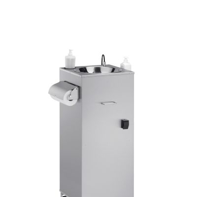 mobiles Handwaschbecken mit Gerätegehäuse aus Edelstahl mit 20 Liter Frischwasserbehälter von MUE, fahrbar