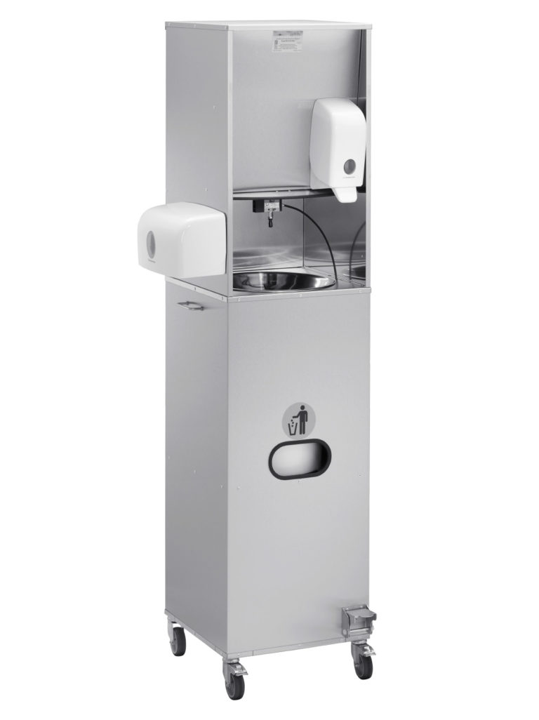 mobiles Handwaschbecken mit Gerätegehäuse aus Edelstahl mit 6 Liter Frischwasserbehälter von MUE, fahrbar