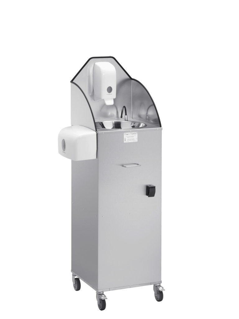 mobiles Handwaschbecken mit Gerätegehäuse aus Edelstahl mit 20 Liter Frischwasserbehälter von MUE, fahrbar